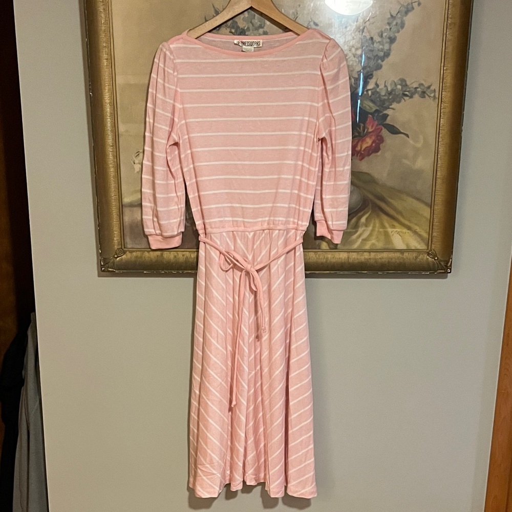 Vintage 80’s Pink Stripe Knit Midi Dress with Rope Belt M